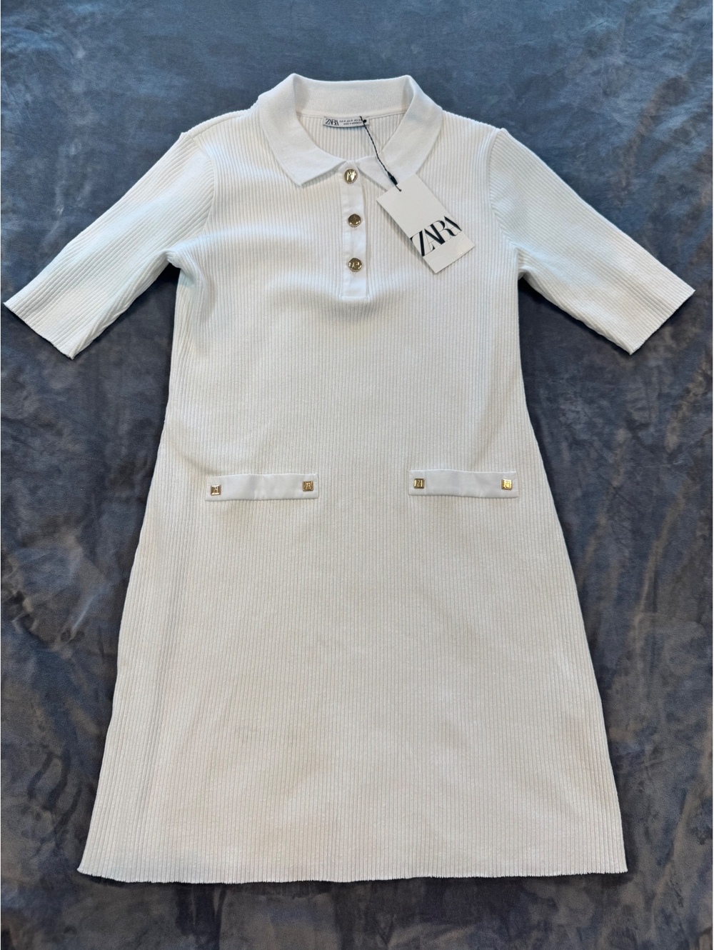 Zara White Ribbed Polo Mini Dress Gold Buttons Women’s Medium NWT - Picture 2 of 8